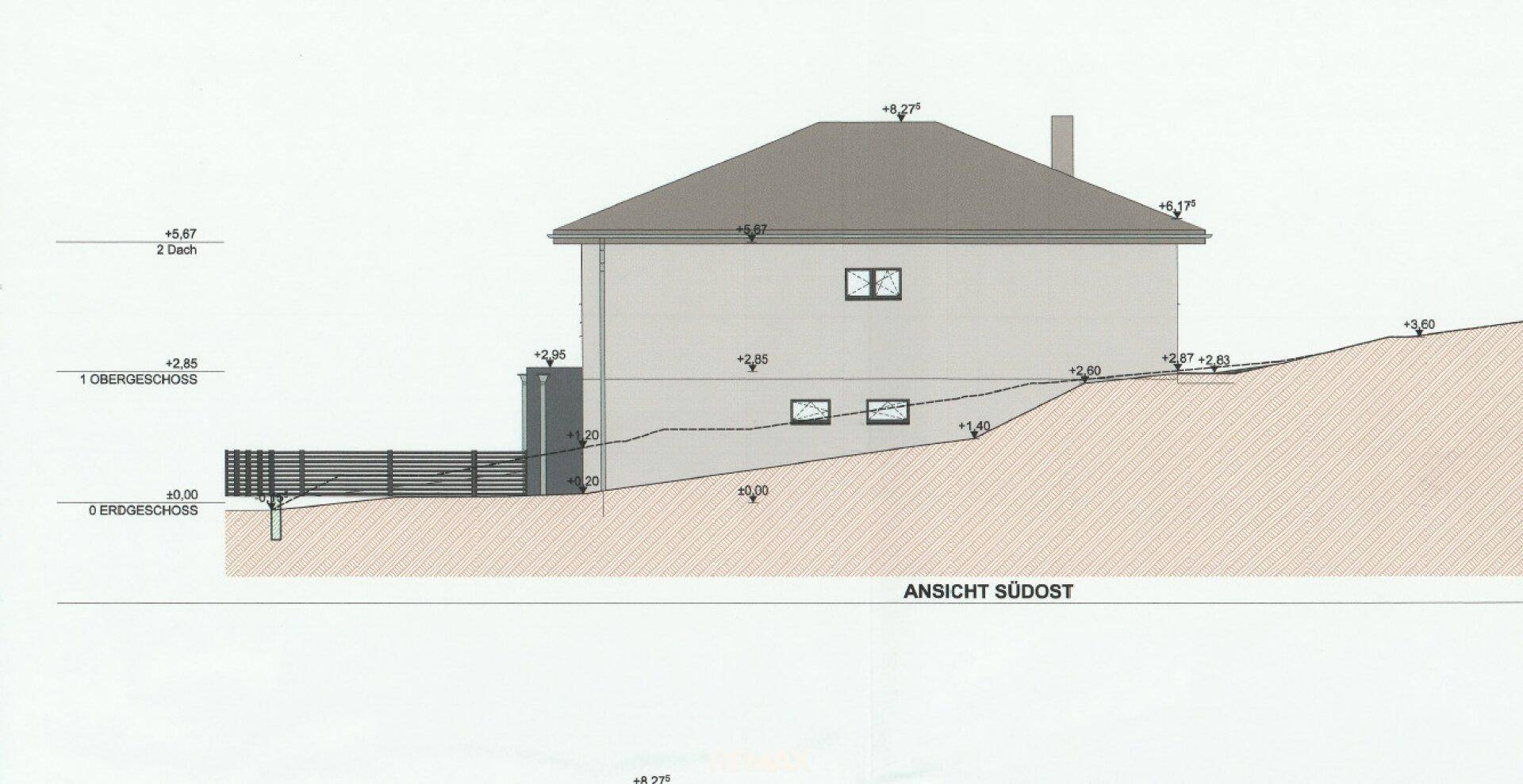 Architektonische Südost-Ansicht des Hauses mit Fenstern und der Dachform.