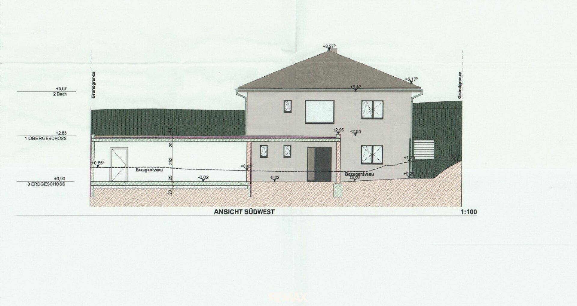 Architektonische Südwest-Ansicht des Hauses mit großen Fensterfronten und Zugang zum Außenbereich.