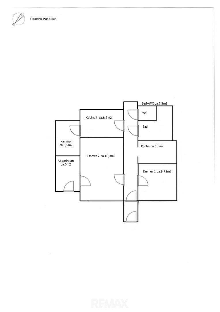 Grundriss-Skizze mit Raumaufteilung und Flächenangaben für die Immobilie.
