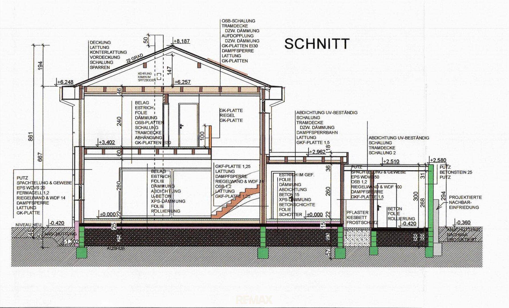 Schnittzeichnung des Hauses zeigt die Bauweise und Raumhöhen über zwei Etagen.