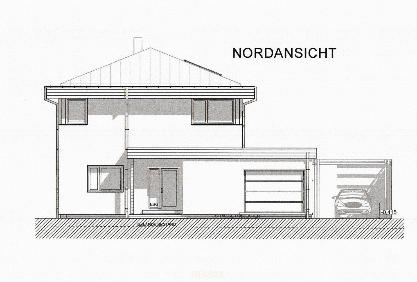 Nordansicht des Hauses mit Fenstern, Eingangsbereich und integrierter Garage.
