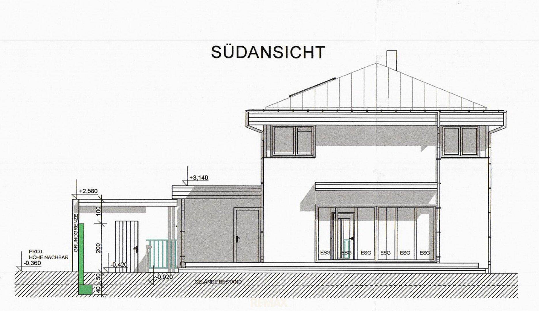 Südansicht des Hauses mit großen Fensterfronten und Zugang zur Terrasse.