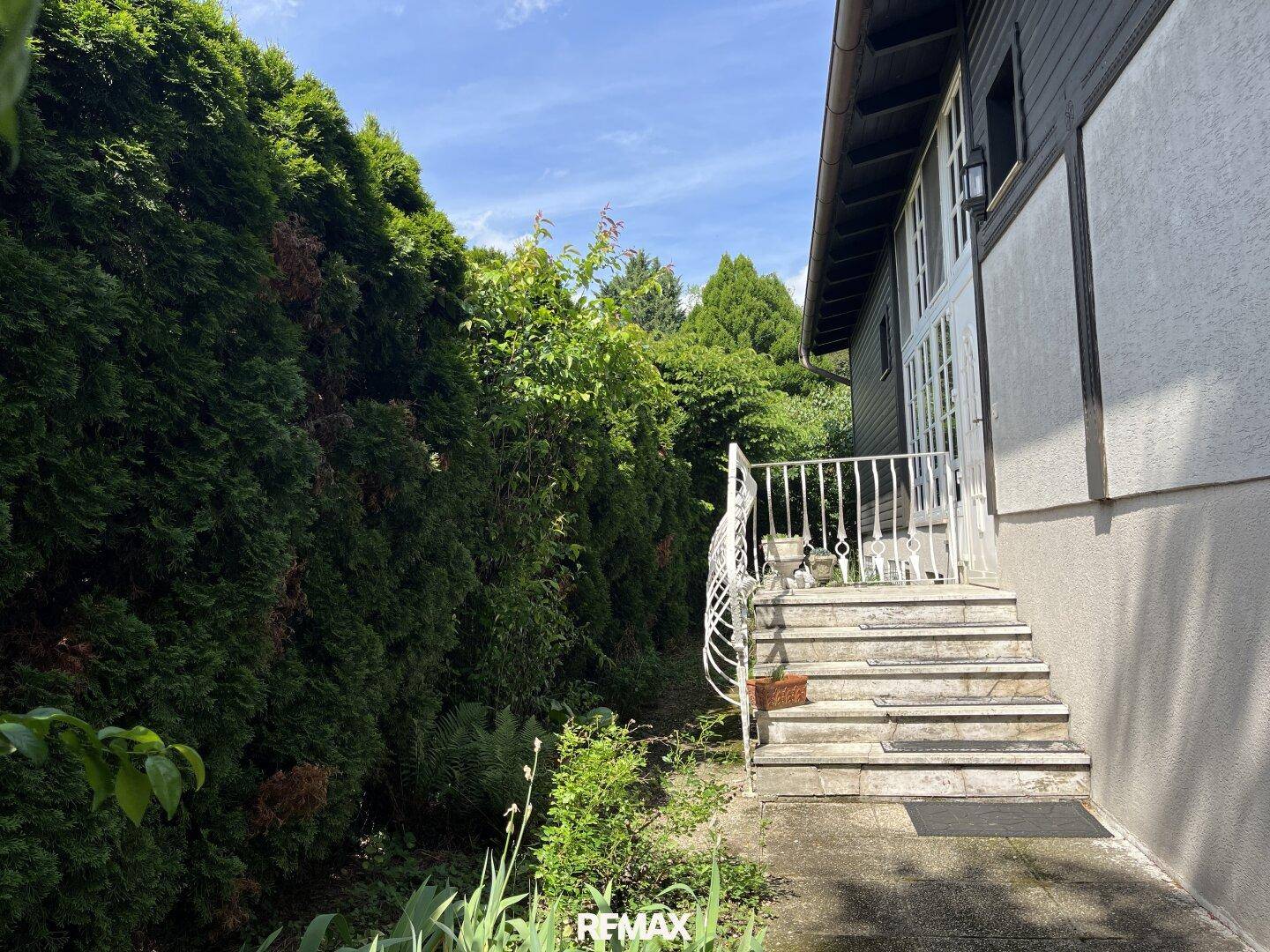 Seitlicher Zugang zum Haus über eine Steintreppe, umgeben von hohen Hecken und Bäumen.