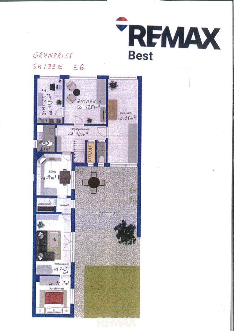 Grundriss des Erdgeschosses mit Küche, Wohnzimmer, zwei Schlafzimmern und Terrasse.