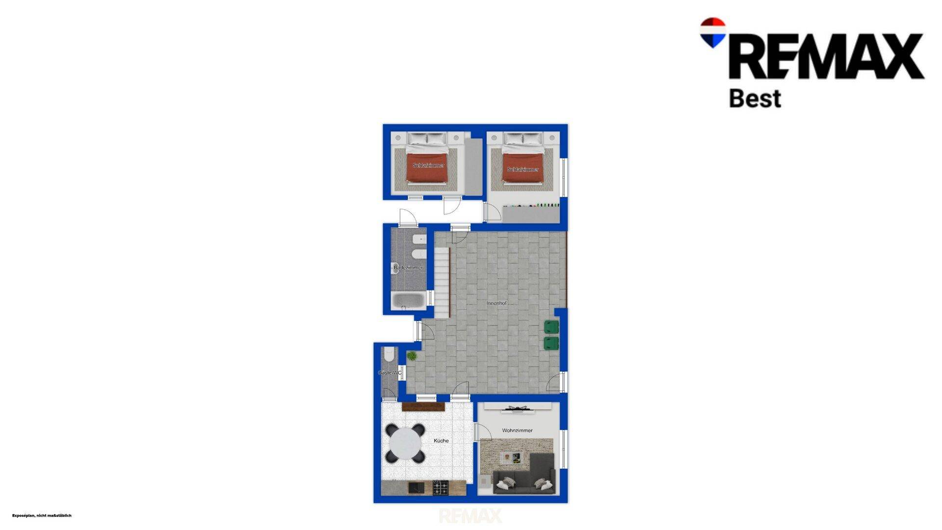 Grundriss einer Wohnung mit zwei Schlafzimmern, Bad und offenem Wohnbereich.