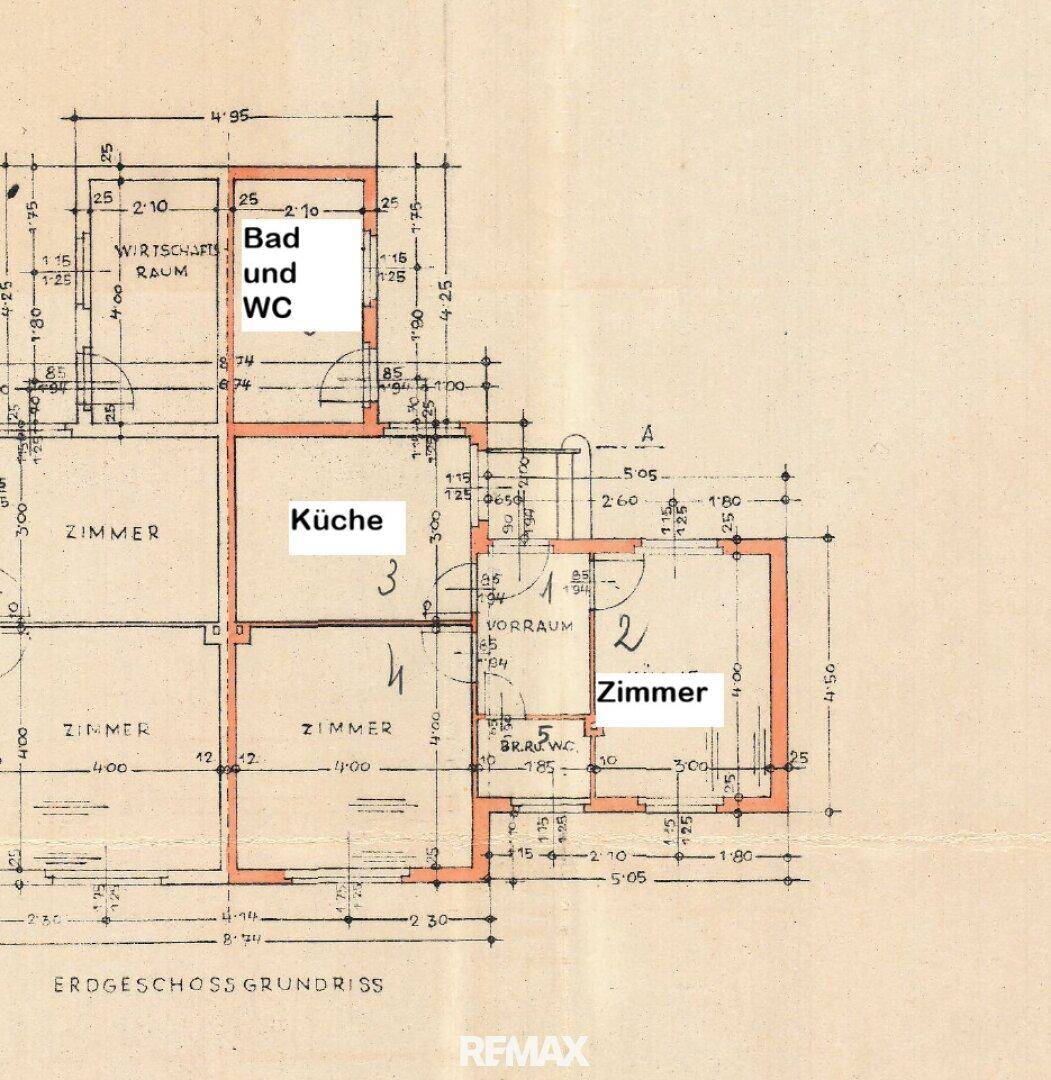 Grundriss des Erdgeschosses mit Zimmern, Küche, Bad und WC.