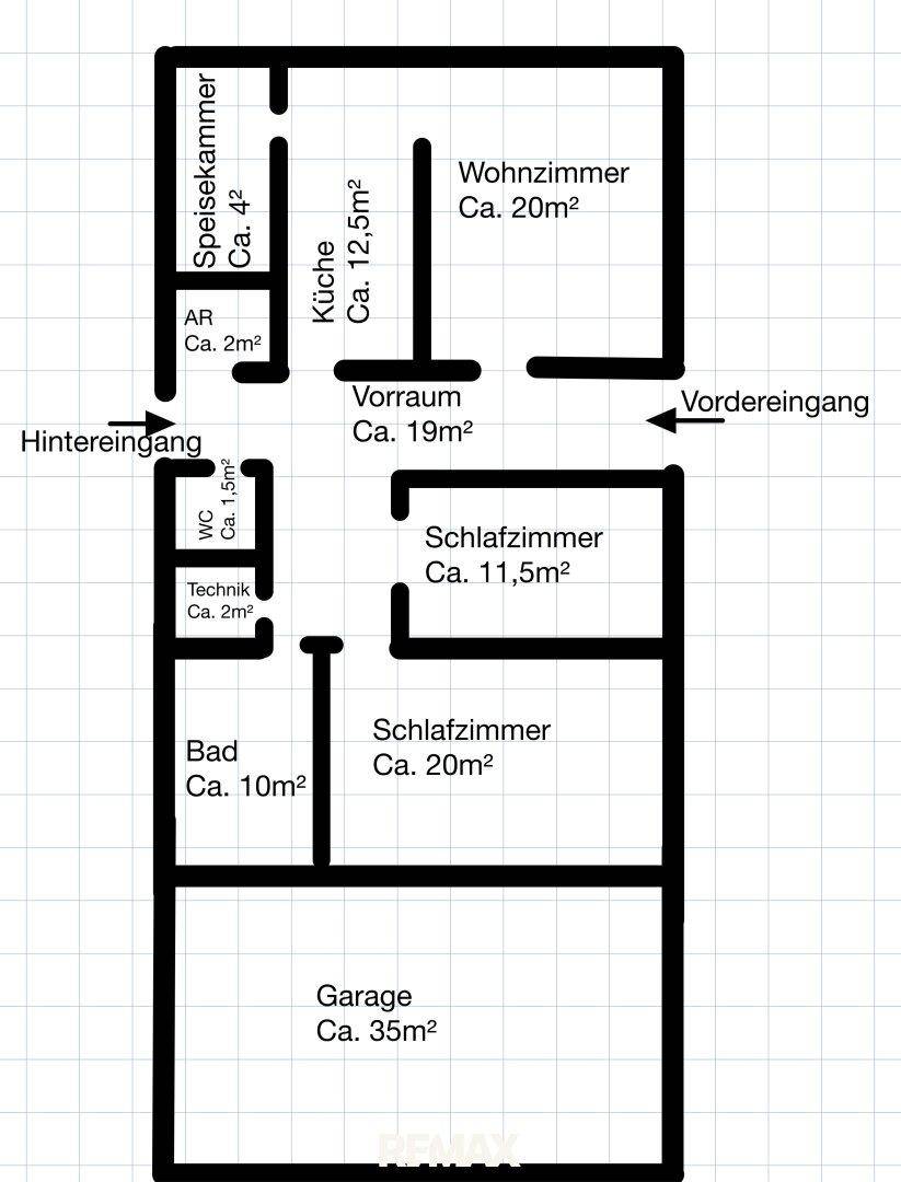 Grundriss des Erdgeschosses mit Wohnzimmer, Küche, Schlafzimmern und Garage.