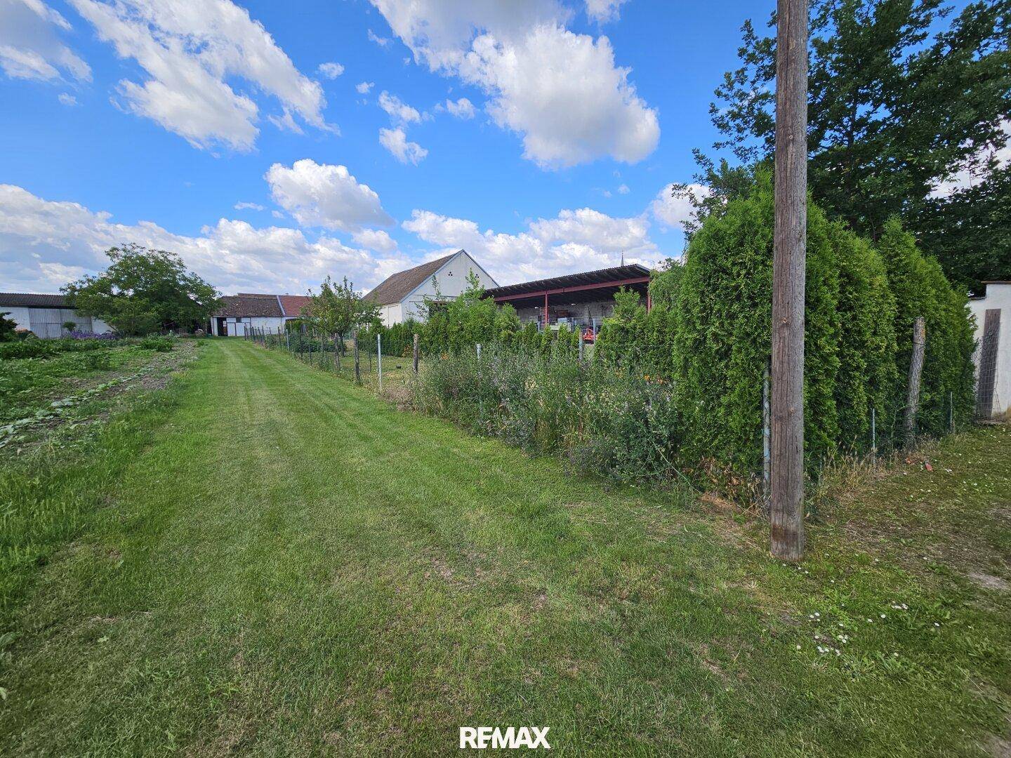 Langer Gartenweg mit Hecke und Blick auf die umliegende Natur.
