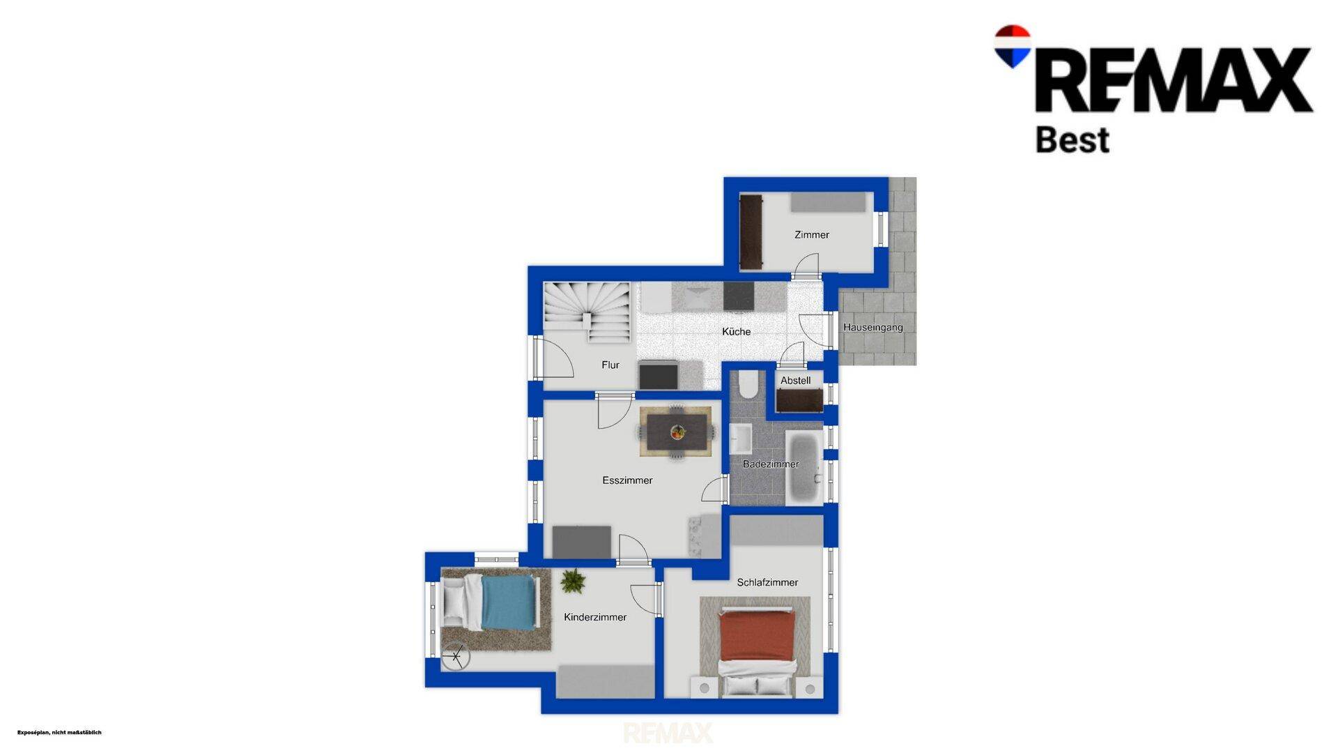 Grundriss des Erdgeschosses mit Küche, Esszimmer, zwei Schlafzimmern und Bad.