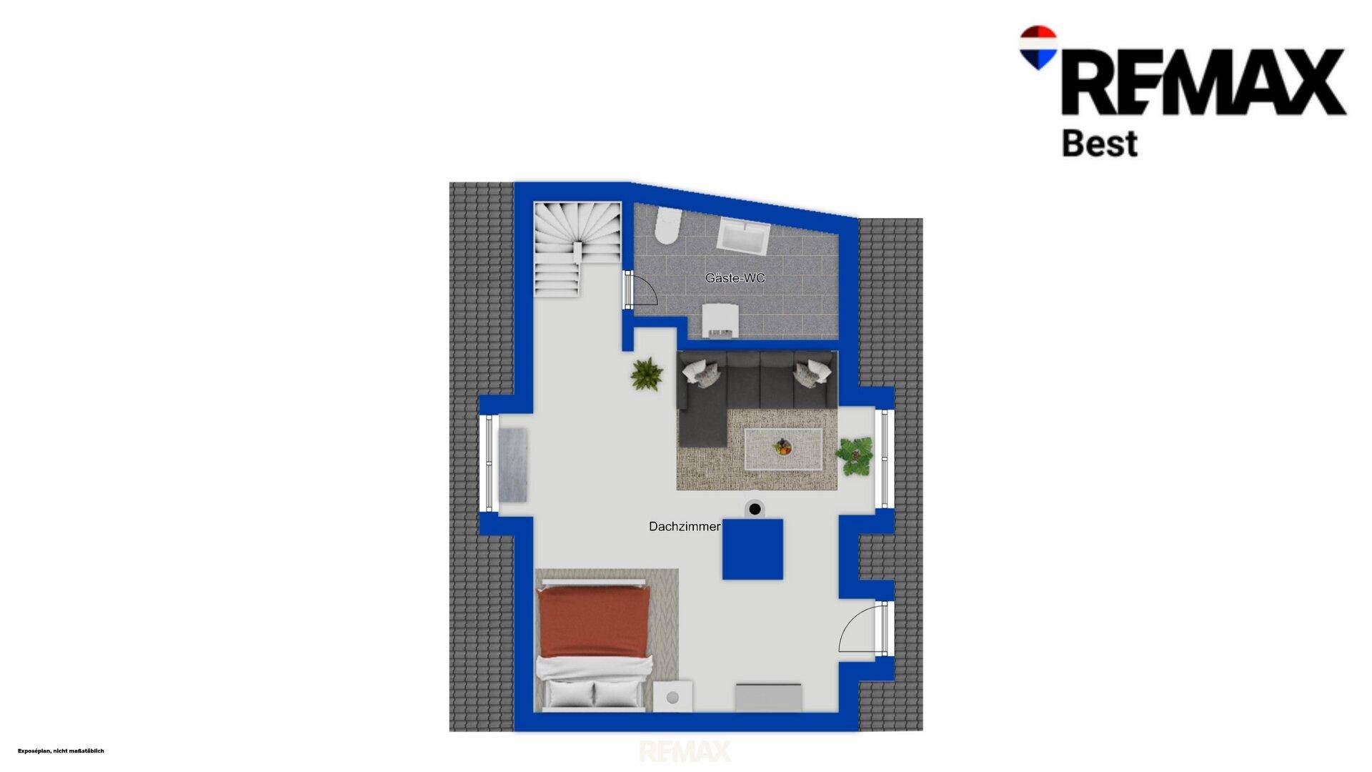 Grundriss des Dachgeschosses mit Schlafzimmer, Bad und offenem Wohnbereich.