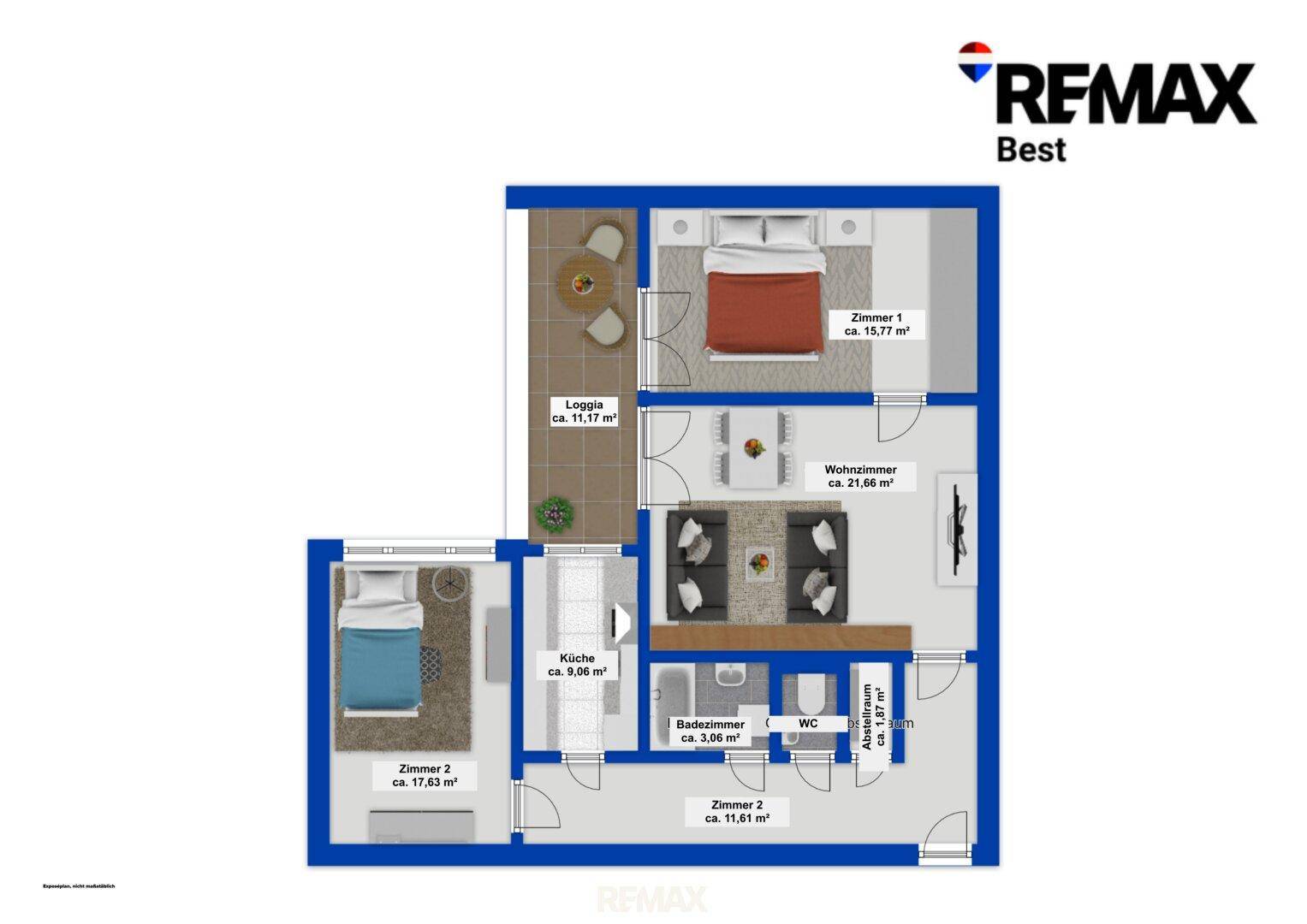 Detaillierter Grundriss der Wohnung mit Zimmeraufteilung, Loggia und Flächenangaben.