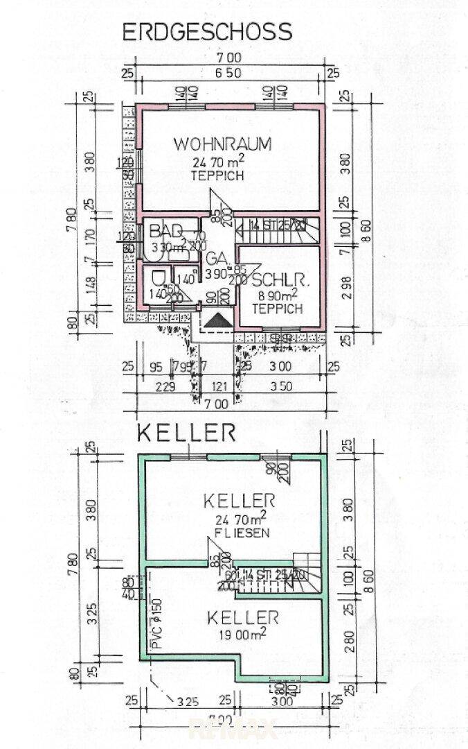 Grundriss des Erdgeschosses und Kellers mit Raumaufteilung und Flächenangaben.