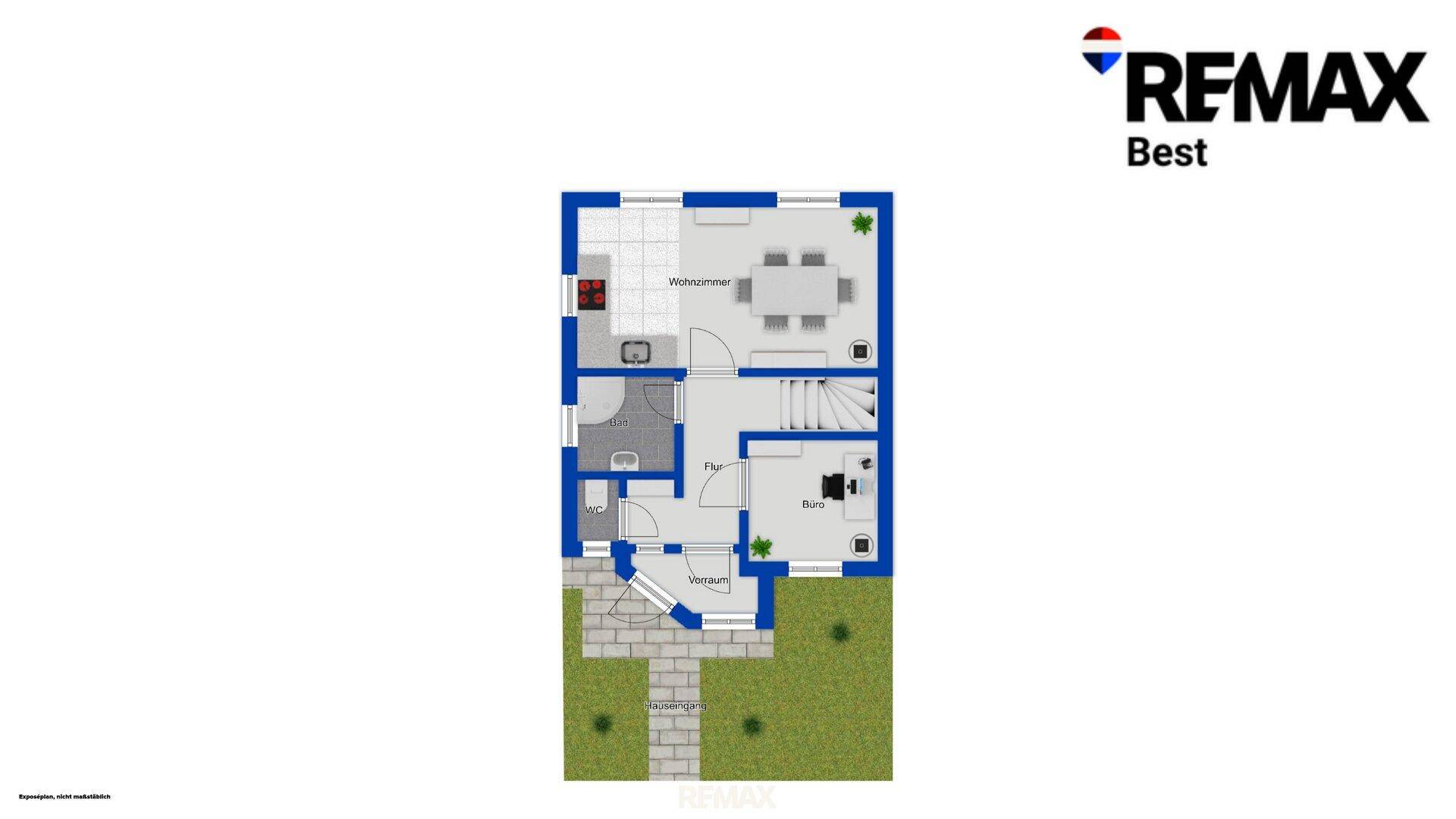 Grundriss des Erdgeschosses mit offener Küche, Wohnbereich, Gäste-WC und direktem Zugang zum Garten.