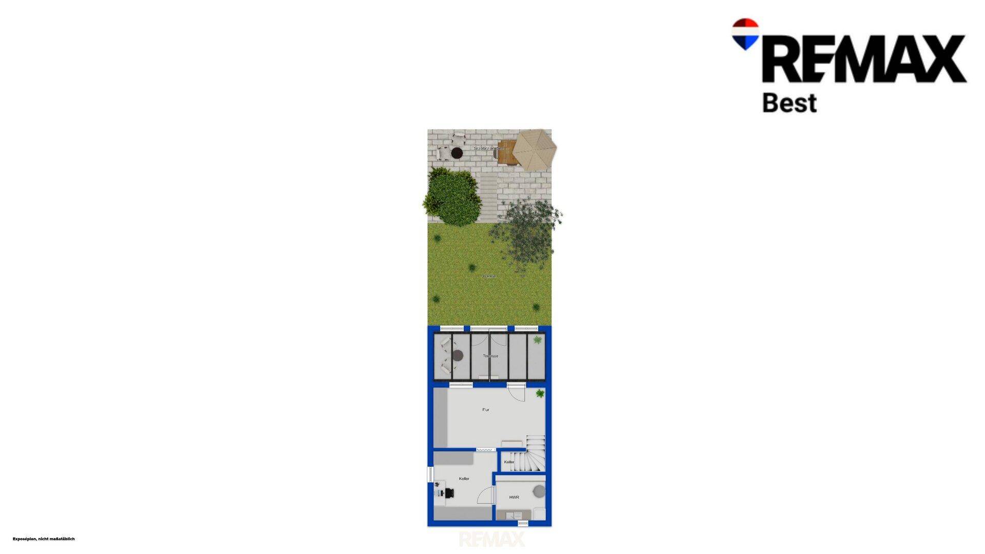 Grundriss des Untergeschosses mit Abstellraum und darüberliegendem Garten- sowie Terrassenbereich.