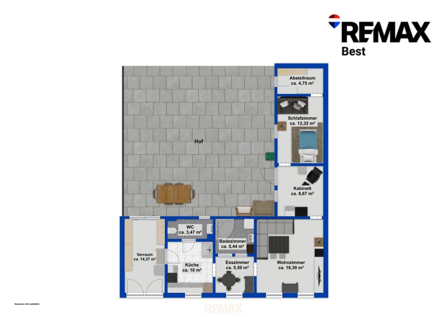 Grundriss des Erdgeschosses mit Wohnzimmer, Esszimmer, Küche und Schlafzimmer.