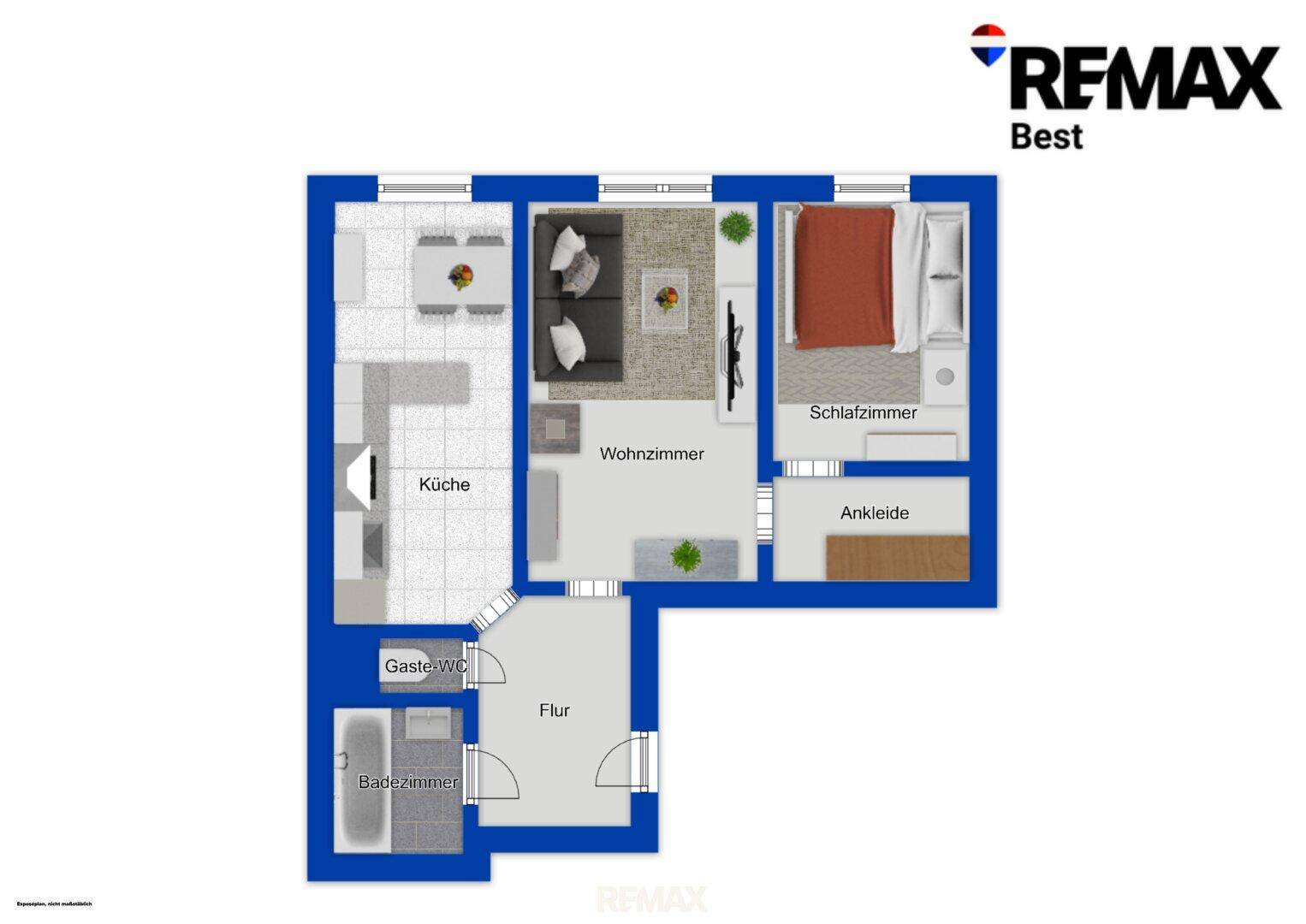 Farbiger Grundriss mit Möblierungsvorschlägen für Wohnzimmer, Schlafzimmer und Küche.