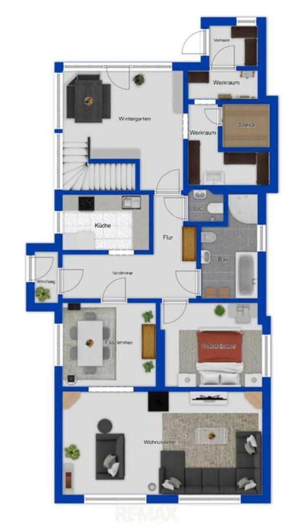 Detaillierter Grundriss mit mehreren Zimmern, Wintergarten, Balkon und offener Wohnraumgestaltung.