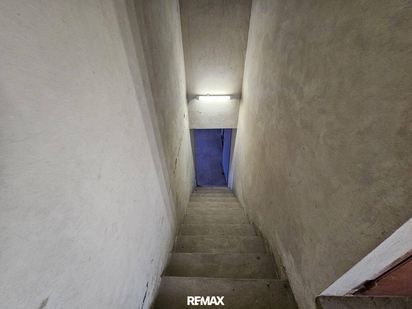 Betontreppe führt in den dunklen Kellerbereich des Hauses.