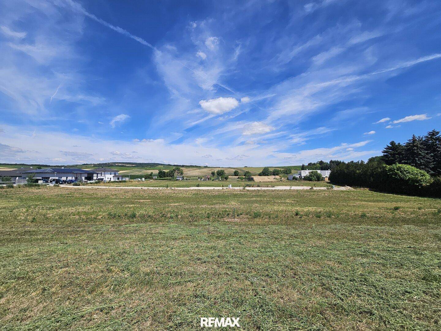Weitläufiges grünes Feld unter blauem Himmel mit ländlicher Bebauung im Hintergrund.