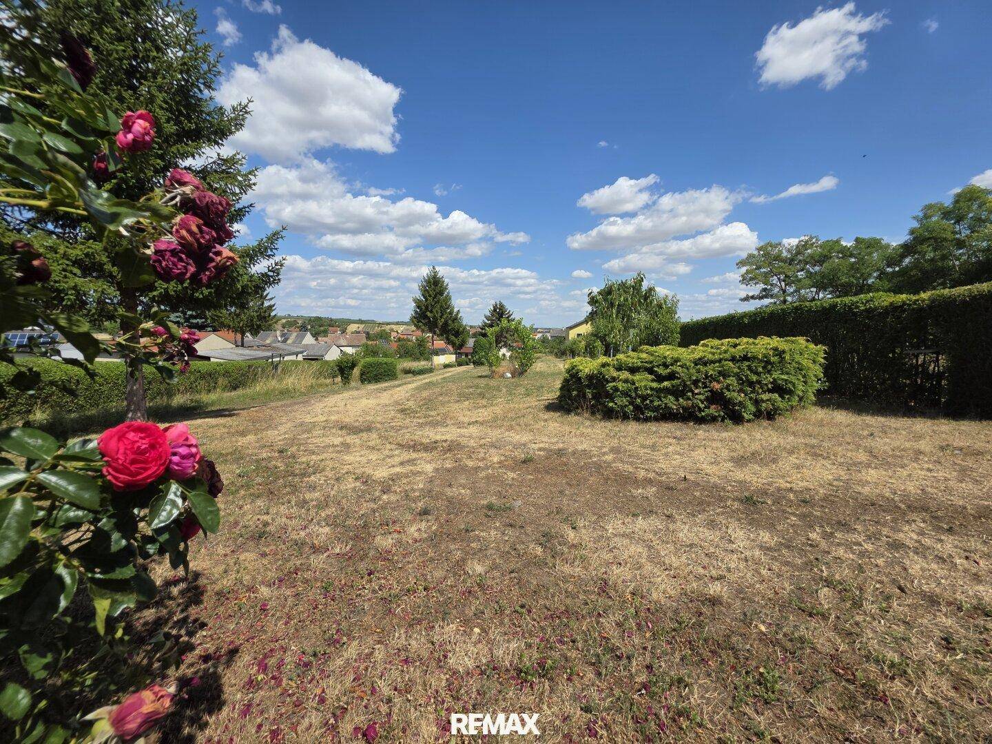 Weitläufiger Garten mit Rasen, Bäumen und Blick auf die ländliche Umgebung.
