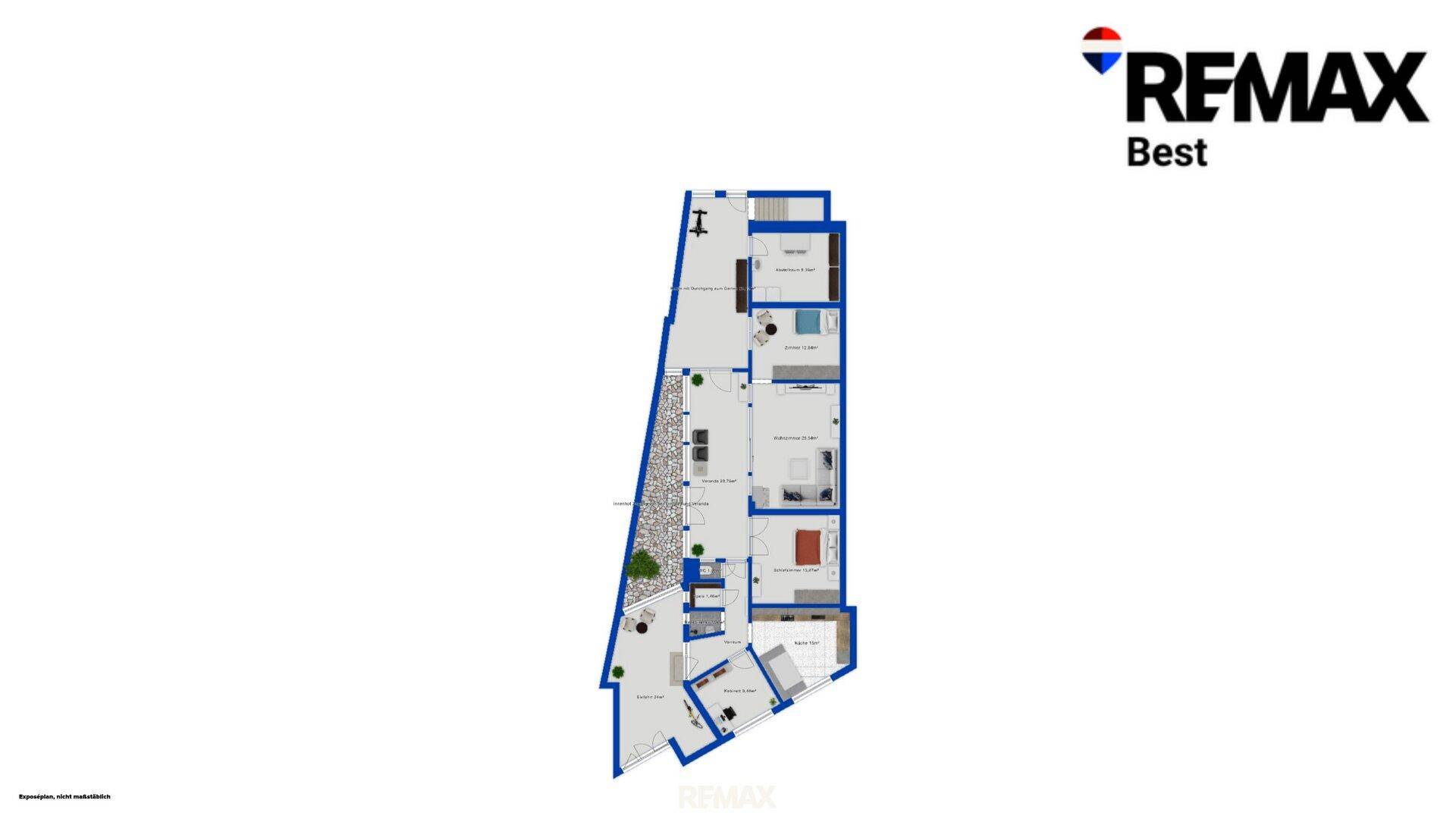 Grundriss des Erdgeschosses mit mehreren Zimmern, Bädern und einem Balkon.