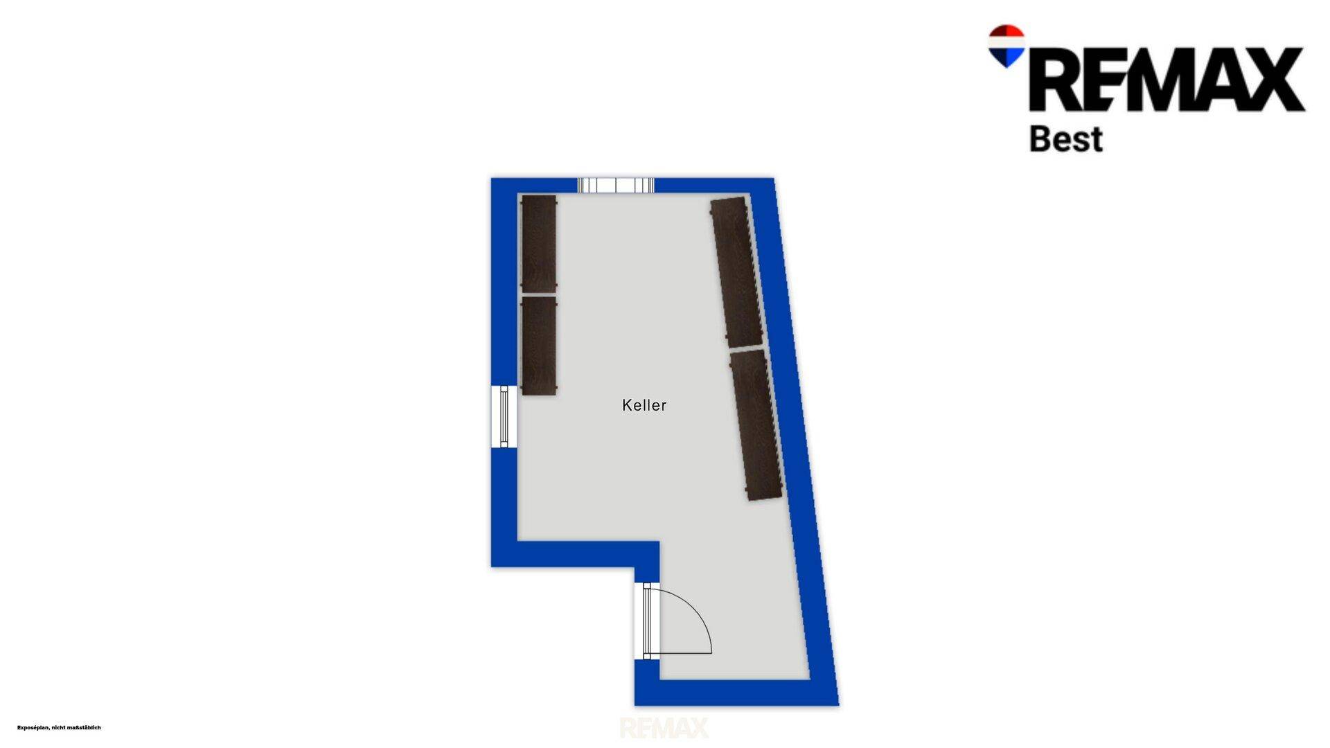 Grundriss des Kellergeschosses mit Stauraum und Zugang.