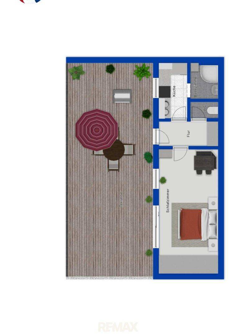 Grundriss mit Schlafzimmer, Küche, Bad, Flur und einer großen Terrasse mit Sitzbereich.