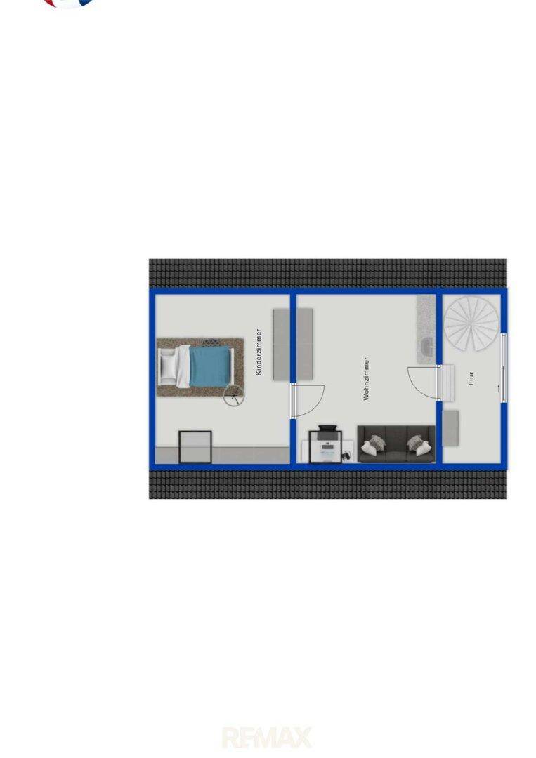 Grundriss mit Kinderzimmer, Wohnzimmer und Flur mit Wendeltreppe und Kamin.