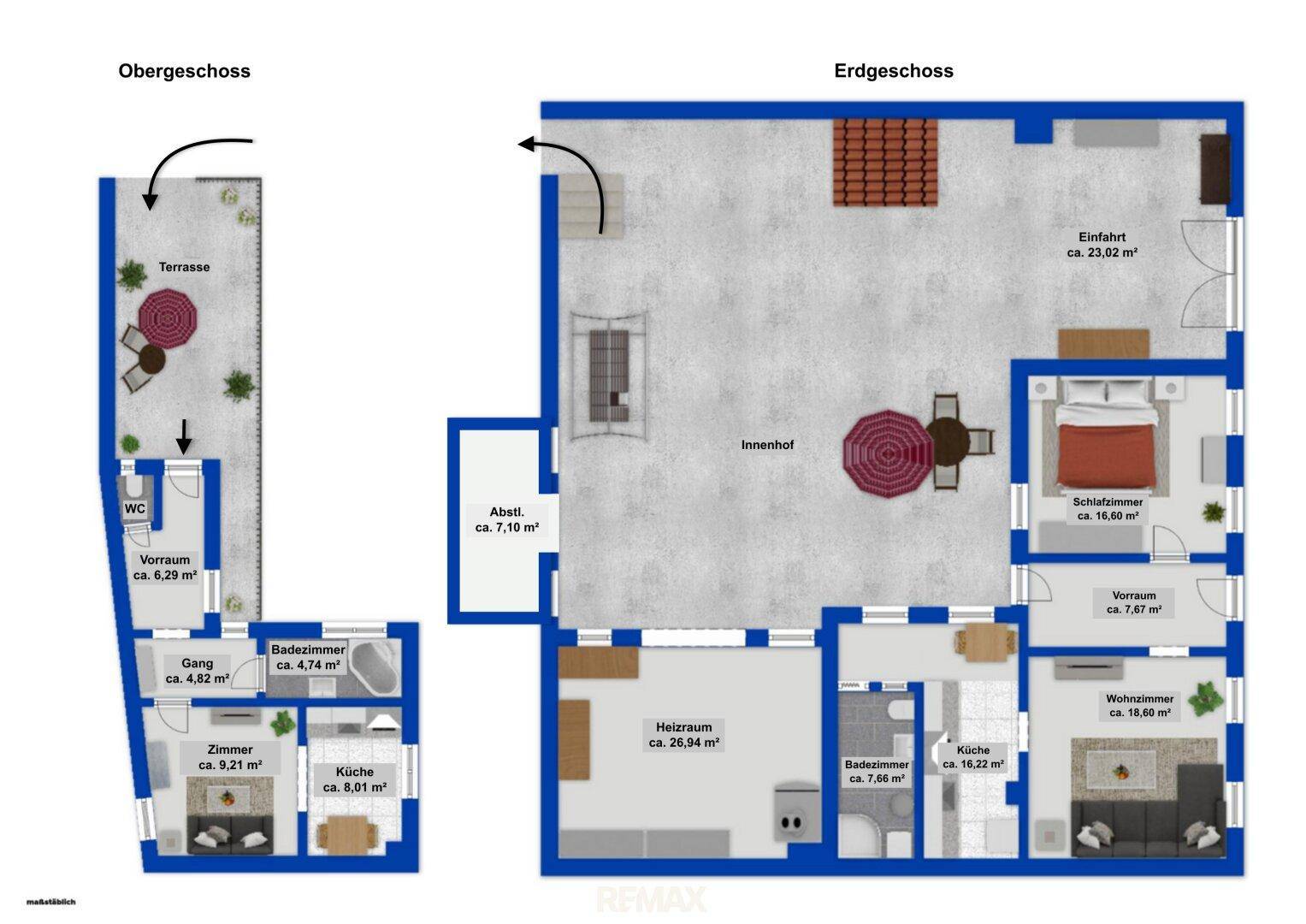 Grundriss des Erdgeschosses und Obergeschosses mit Terrasse und Innenhof.