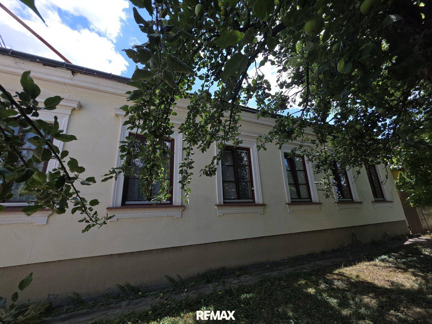 Detailansicht der traditionellen Hausfassade mit verzierten Fenstern und grüner Umgebung.