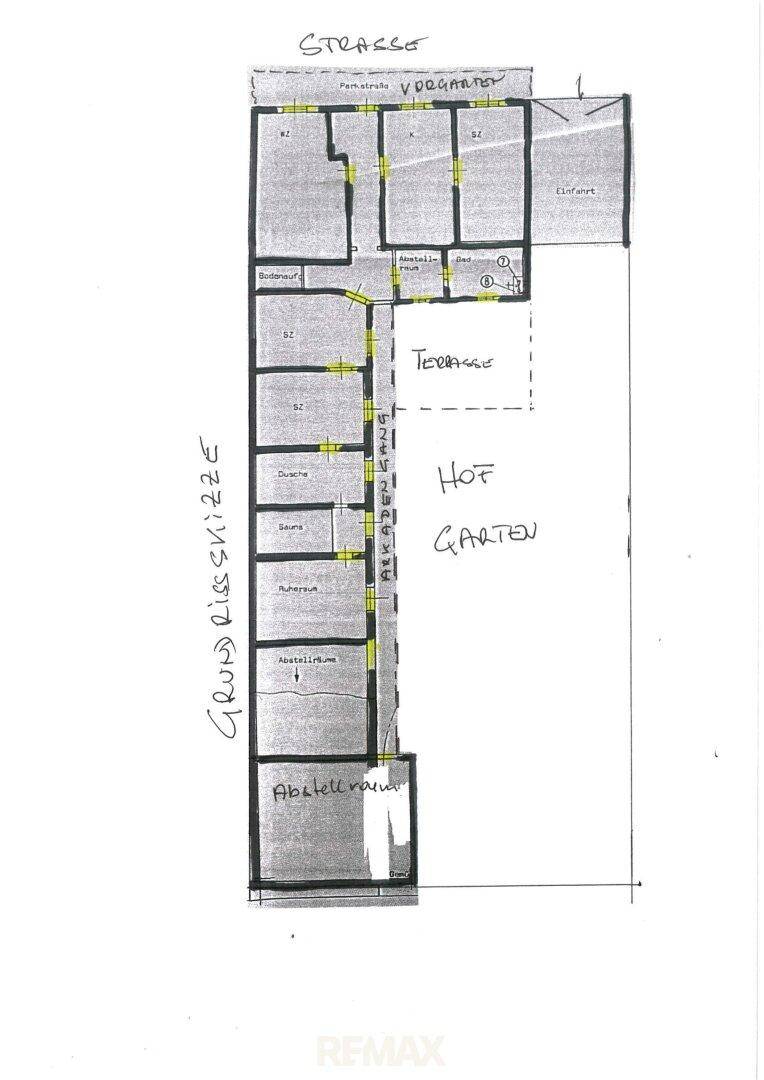 Handgezeichneter Grundriss des Anwesens mit Hof, Garten und Arkadengang.