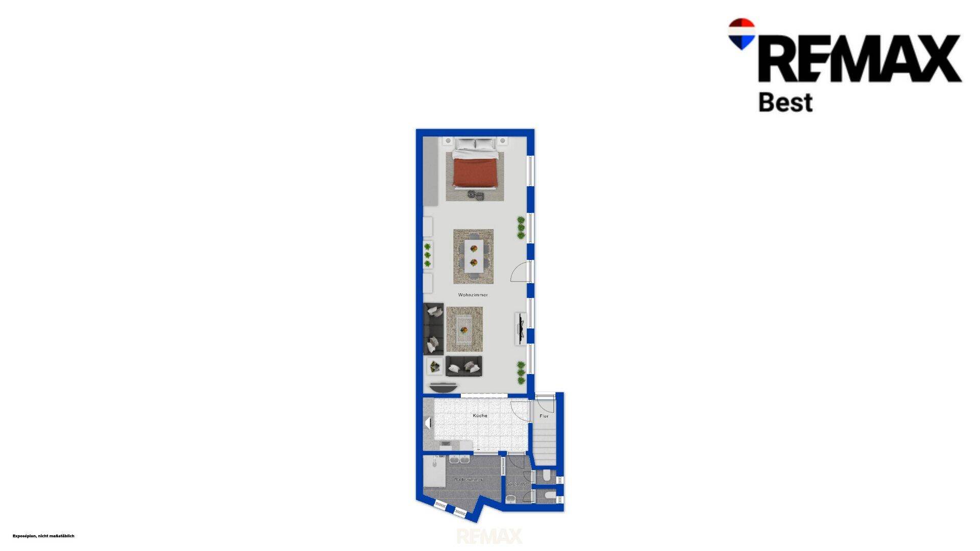 Digitaler Grundrissplan mit einer länglichen Raumaufteilung, inklusive Schlafzimmer und Wohnbereich.