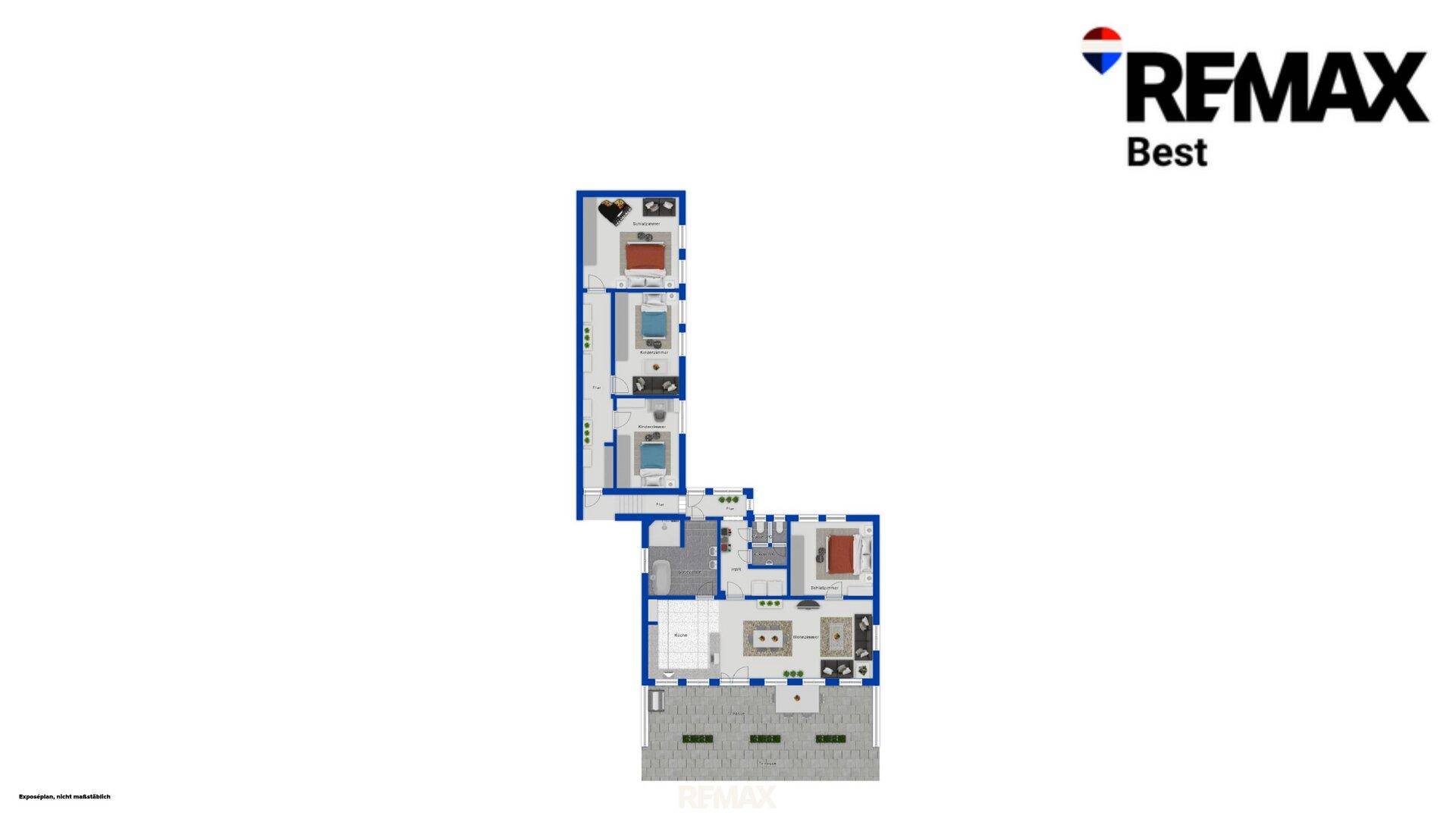 Digitaler Grundrissplan mit der Aufteilung mehrerer Zimmer, darunter Schlafzimmer und Bäder.