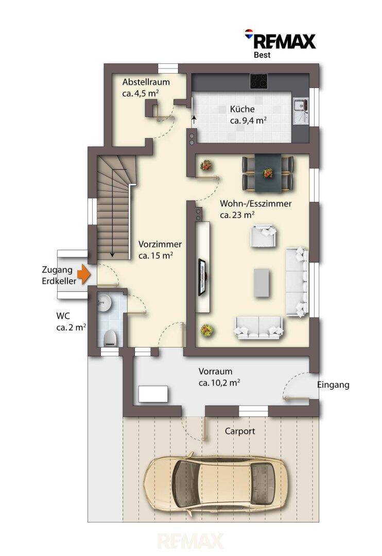 Grundriss des Erdgeschosses mit Wohn-Esszimmer, Küche, Vorzimmer und Carport.