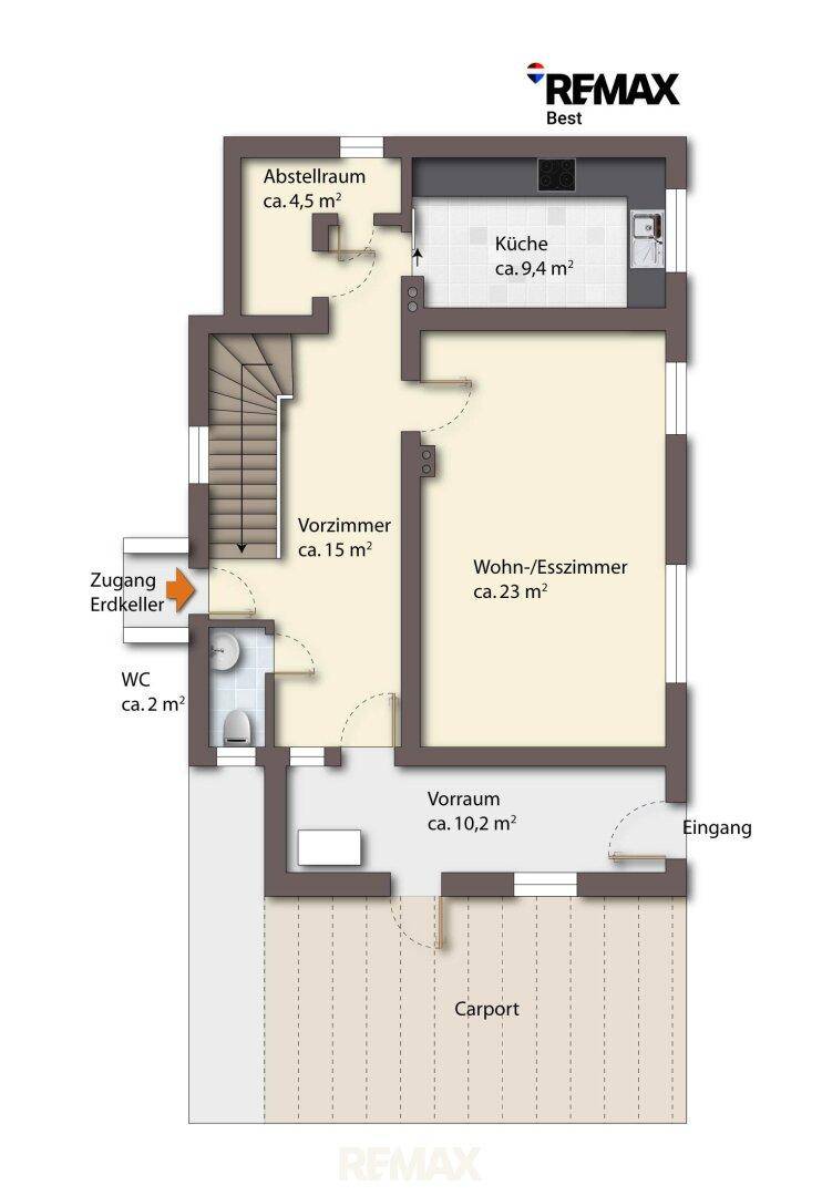 Grundriss des Erdgeschosses mit Wohn-Esszimmer, Küche, Vorzimmer und Carport.