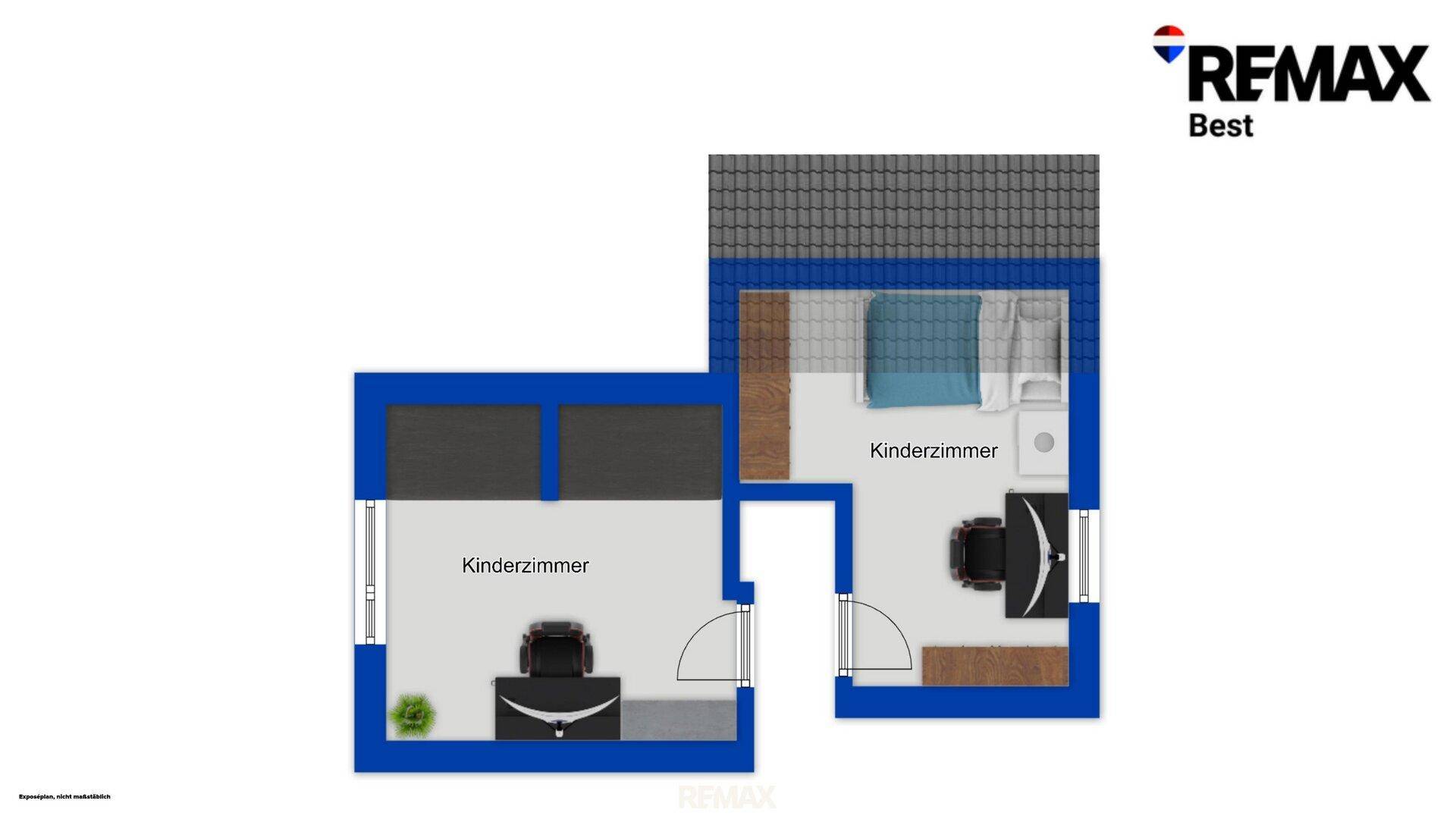 Grundriss mit zwei Kinderzimmern, ausgestattet mit Betten und Schreibtischen.