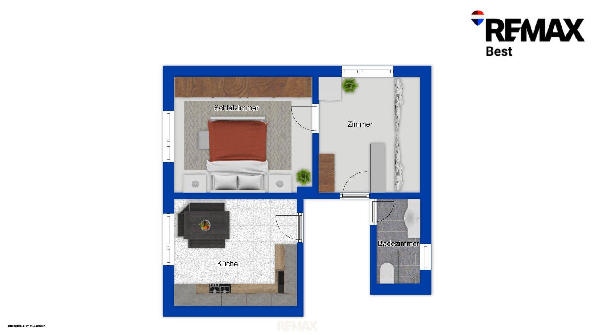 Grundriss des Obergeschosses mit Schlafzimmer, Küche und Badezimmer.