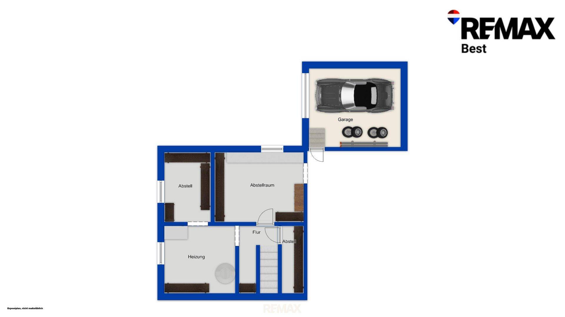 Grundriss des Untergeschosses mit Garage, Abstellräumen und Heizungsraum.