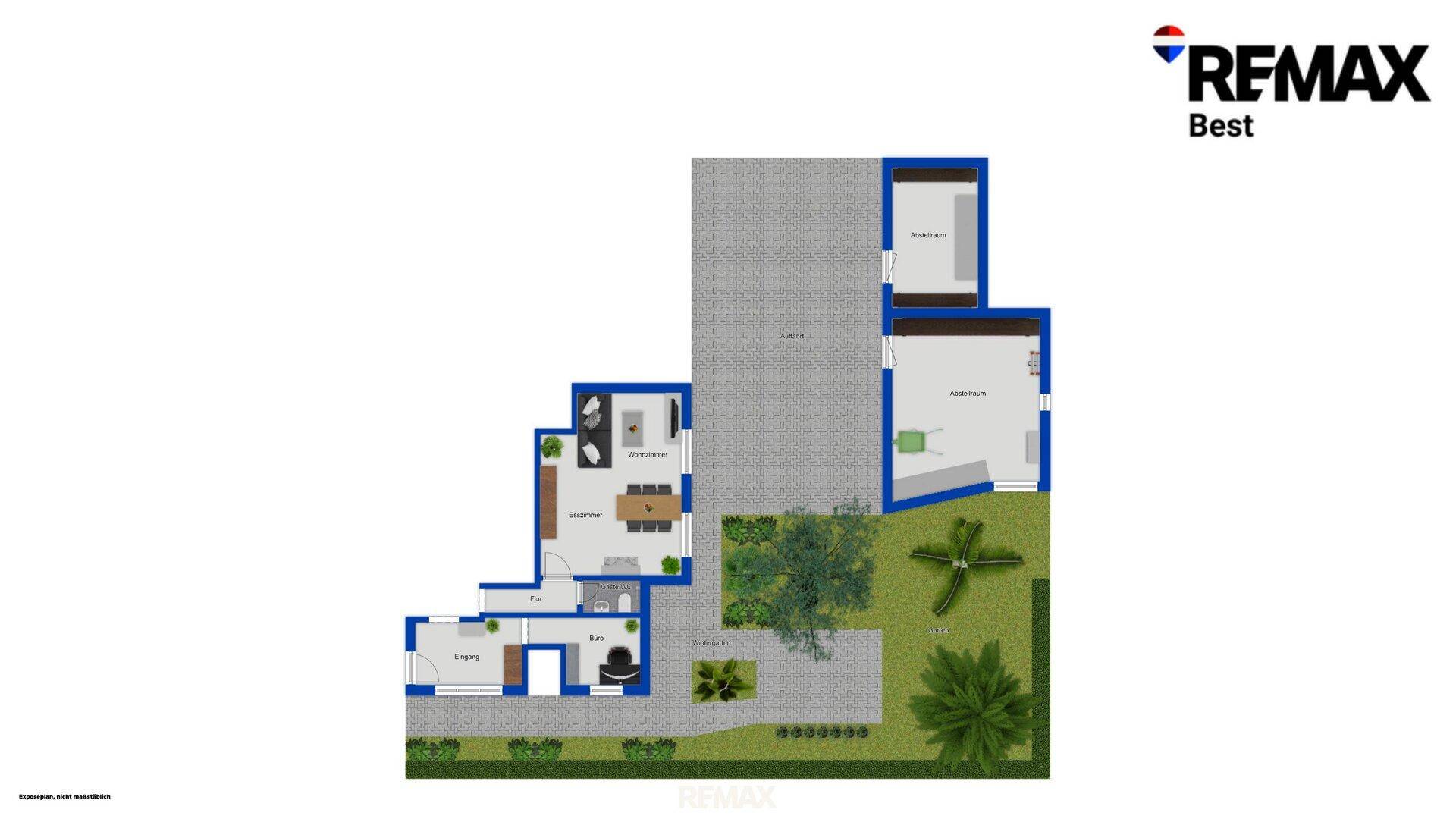 Gesamtgrundriss des Hauses mit Gartenbereich, Terrasse und Stellplatz.