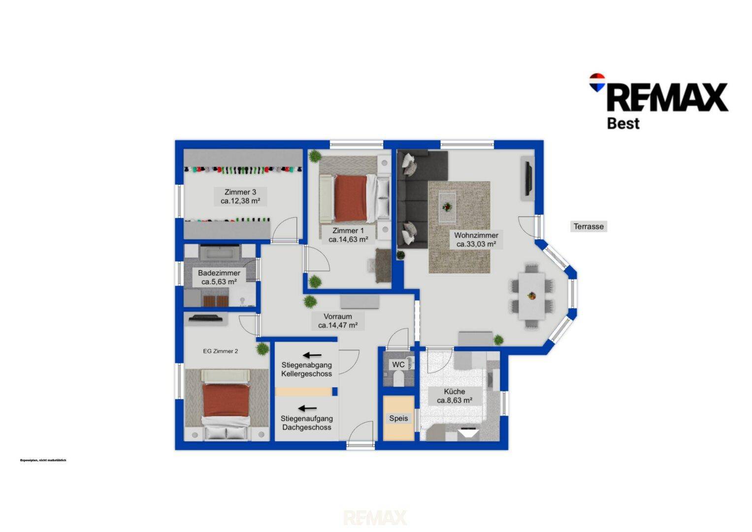 Detaillierter Grundriss des Erdgeschosses mit Wohnzimmer, Küche, Schlafzimmern und Terrasse.