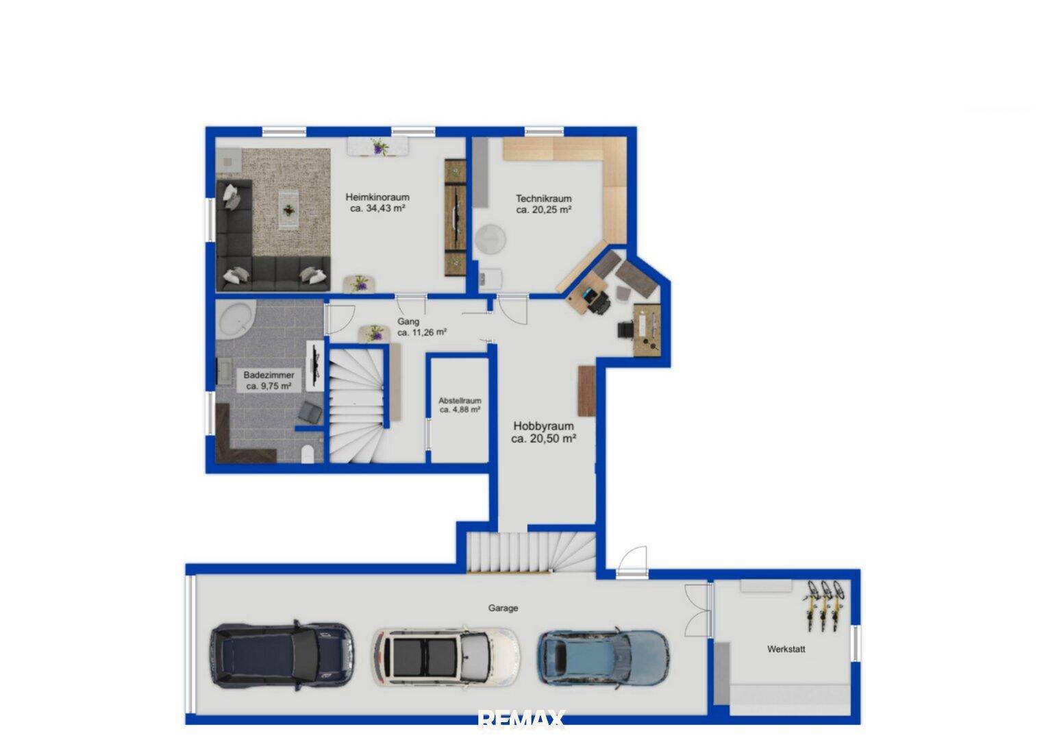 Grundriss des Kellergeschosses mit Hobbyraum, Technikraum, Badezimmer und Garage.