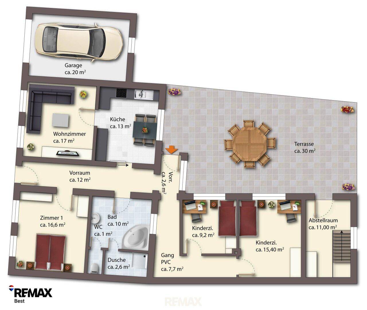 Detaillierter Grundriss mit Wohnzimmer, Küche, Schlafzimmern und großer Terrasse.