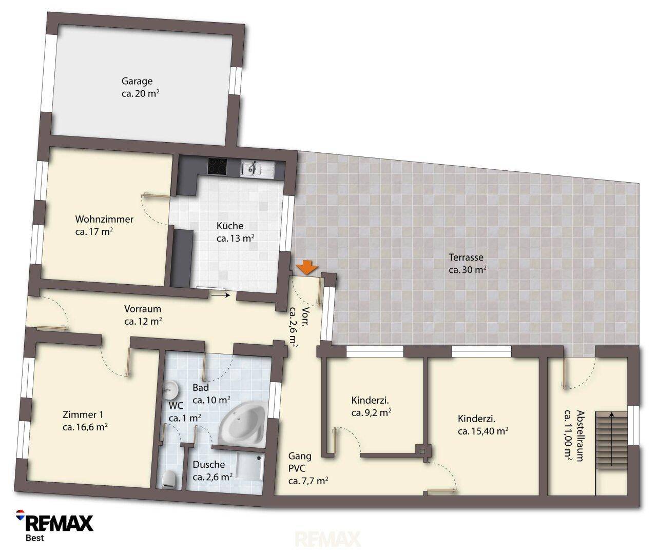 Übersichtlicher Grundriss mit Raumaufteilung für Wohnzimmer, Küche und Schlafzimmer.