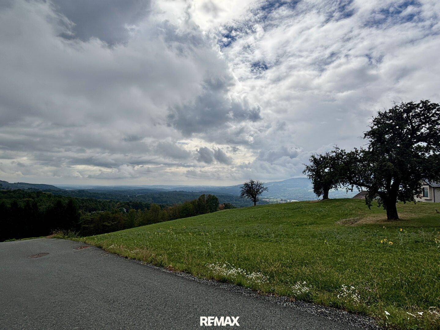 Malerische Landschaft mit grünen Wiesen und Bäumen unter einem weiten Himmel.