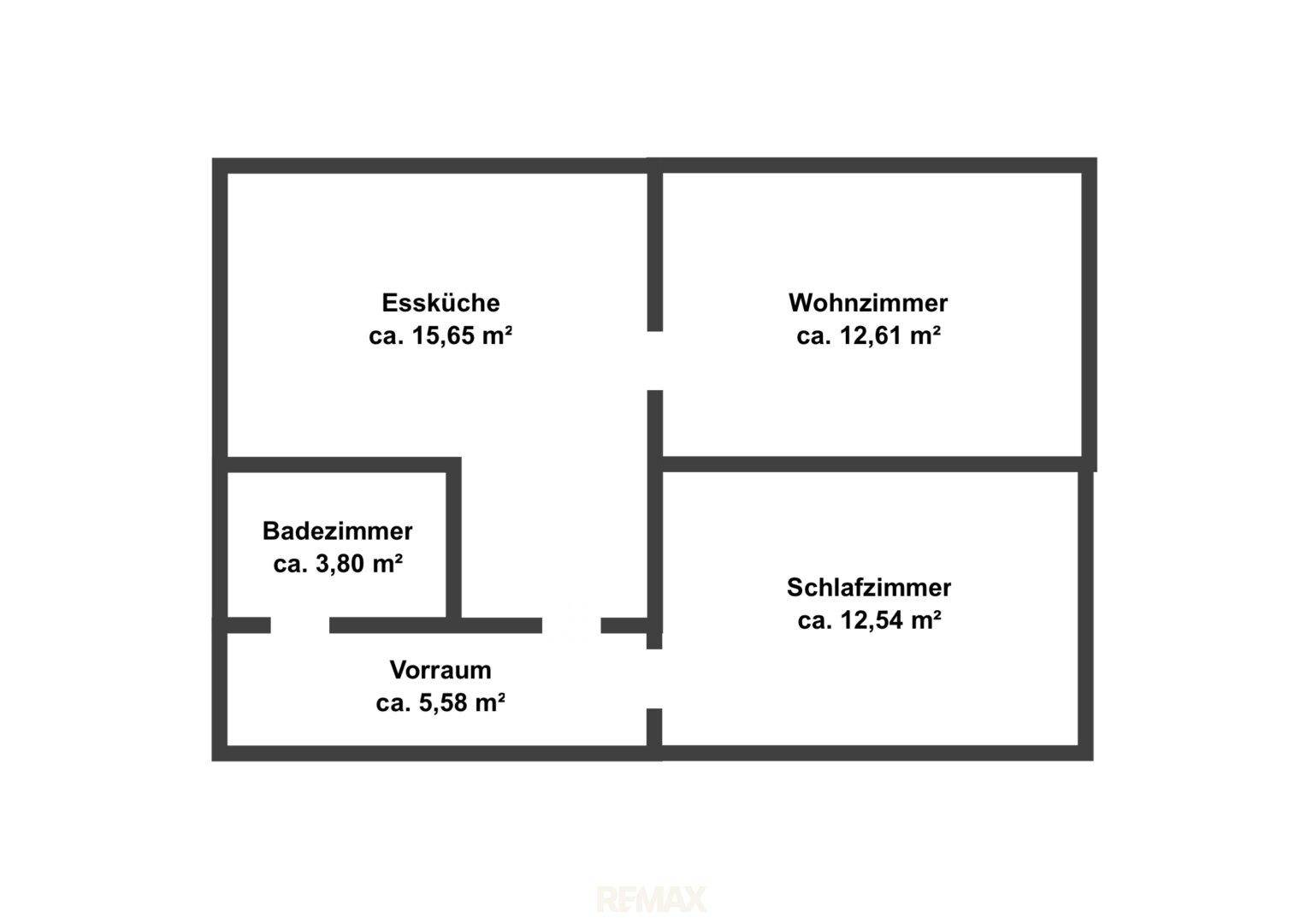 Grundrissplan mit Essküche, Wohnzimmer, Schlafzimmer, Badezimmer und Vorraum.