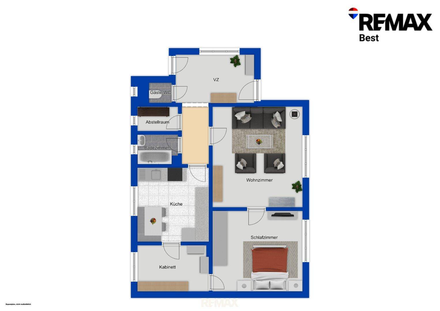 Grundriss des Erdgeschosses mit Wohnzimmer, Schlafzimmer, Küche und Bad.