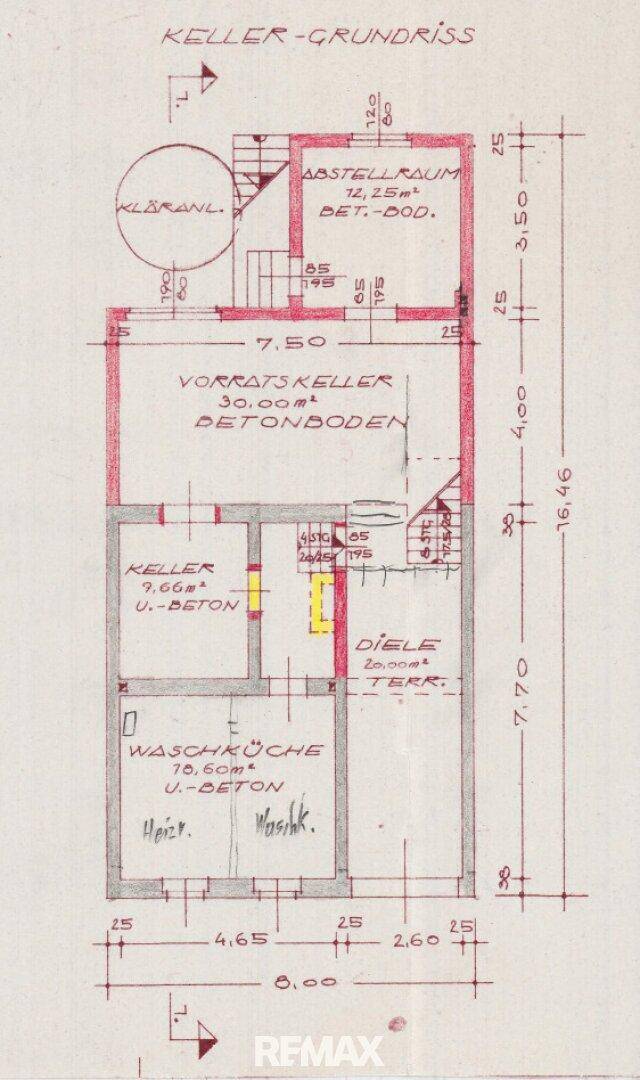 Grundriss des Kellers mit Vorratskeller, Waschküche, Abstellraum und Diele, inklusive Betonboden.