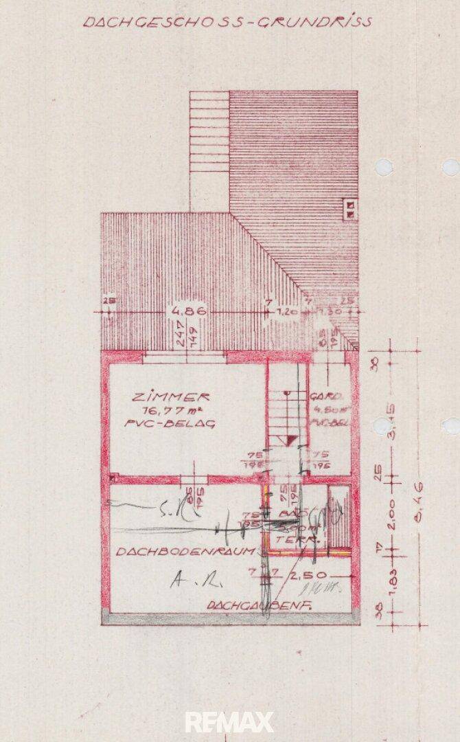 Grundriss des Dachgeschosses mit Zimmer, Dachbodenraum, Dachgauben und einer Terrasse.