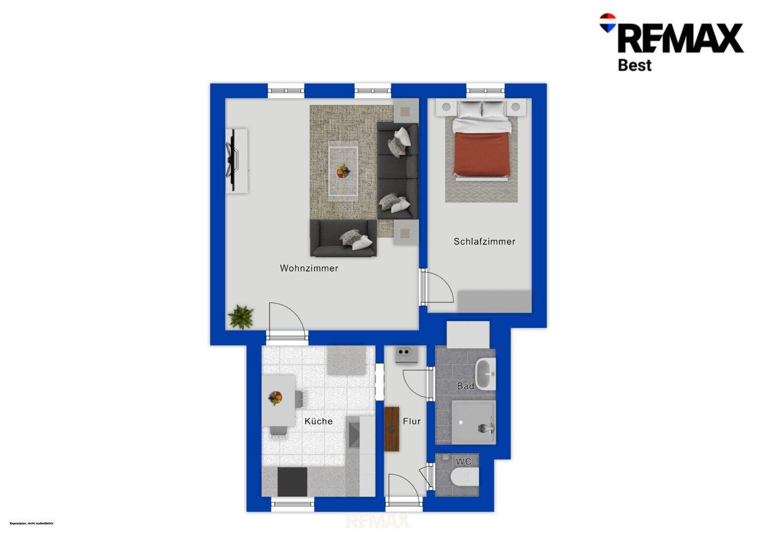 Grundriss einer Wohnung mit separater Küche, Wohnzimmer, Schlafzimmer, Bad und WC.