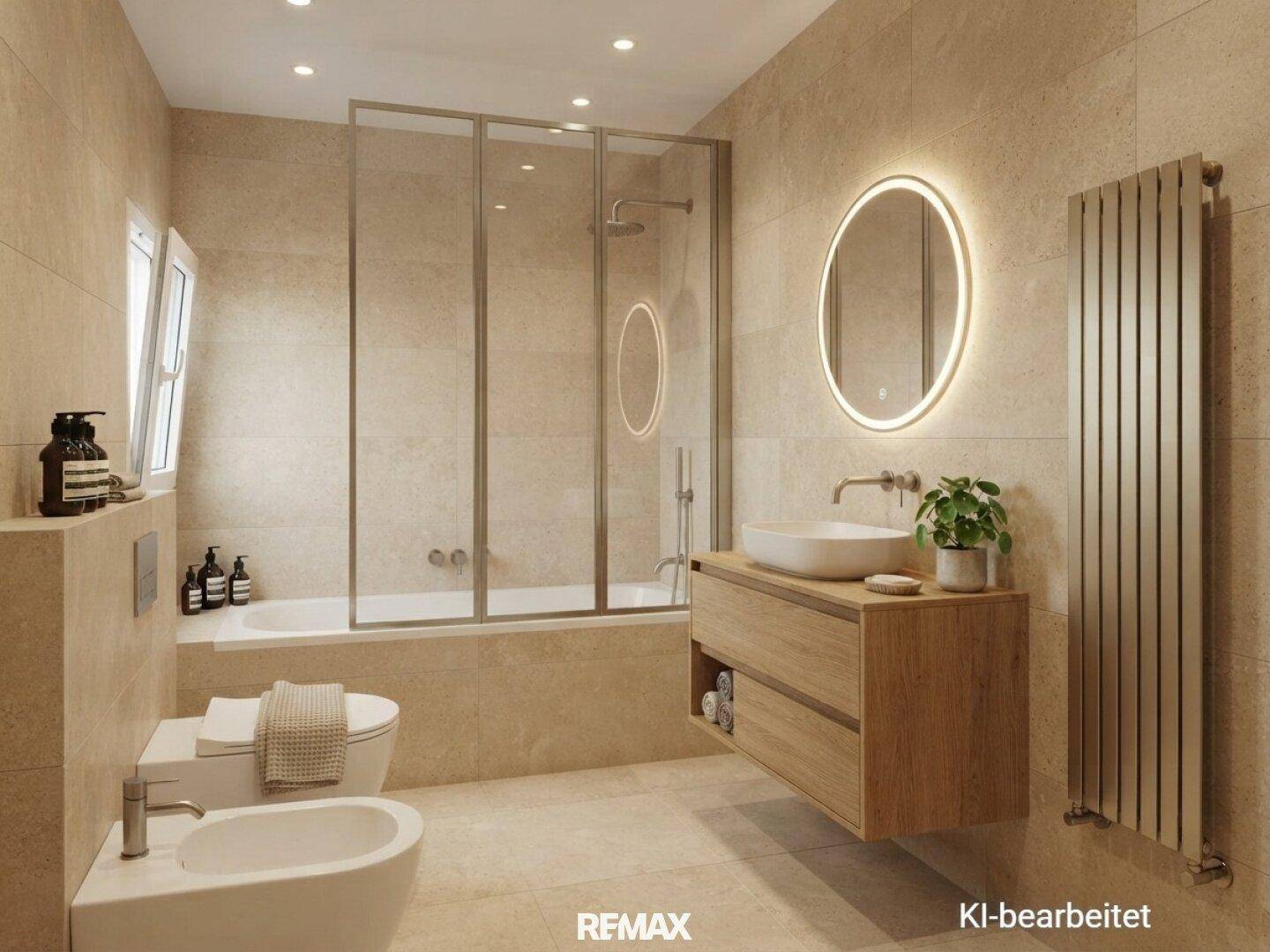 Modernes Badezimmer mit beigefarbenen Fliesen, Badewanne, Dusche und Bidet.